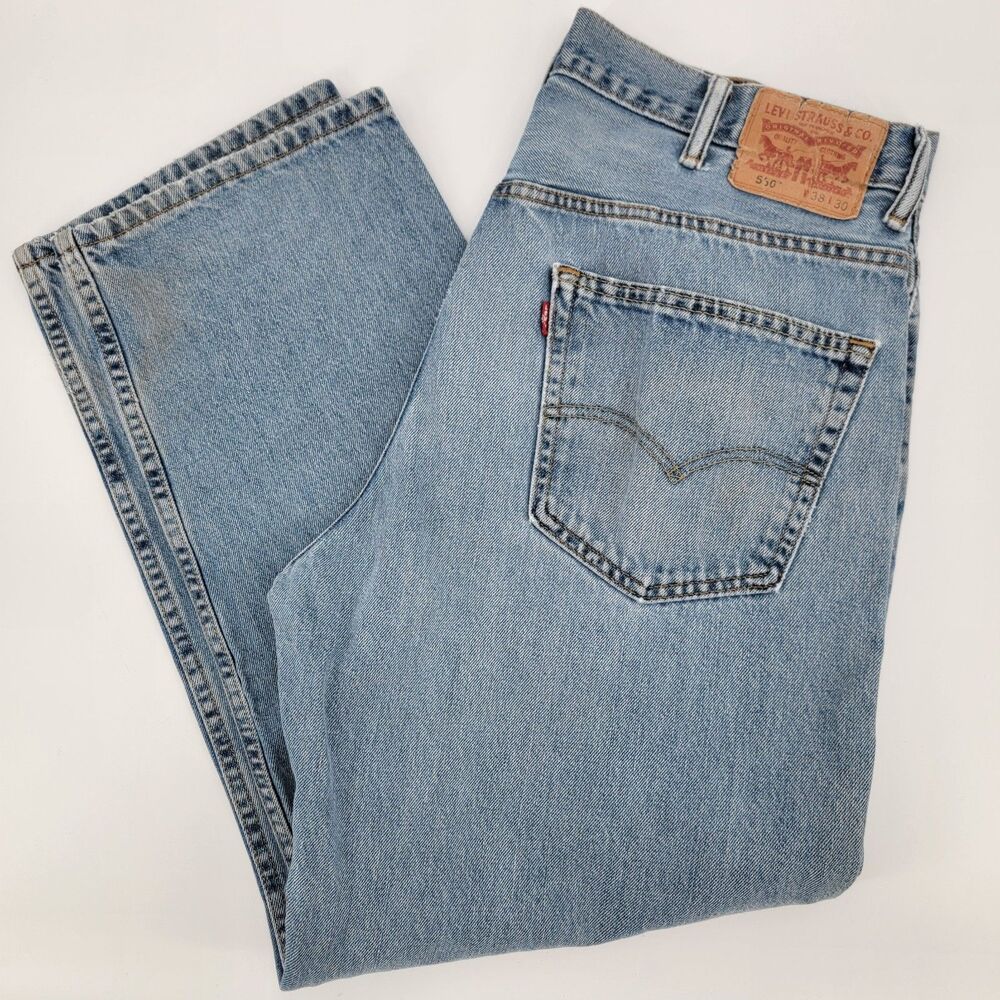 VTG 2012 Levi's 550 Mens 38x30 Relaxed Fit Black Batwing Light Wash Blue Jeans